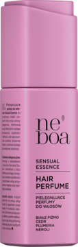 Różowe pielęgnujące perfumy do włosów Neboa Sensual Essence, z białym piżmem i cedrem, widok z przodu.