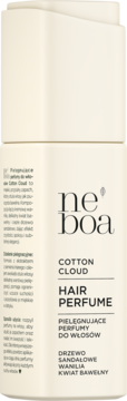Kremowa butelka perfum do włosów Ne boa Cotton Cloud. Widok frontalny. Nuty zapachowe: sandał, wanilia, bawełna.