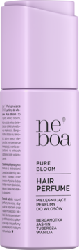 Perfum do włosów Neoboa Pure Bloom, fioletowa butelka, front, nuty bergamotki, jaśminu, tuberozy, wanilii.