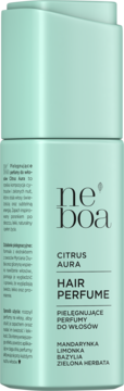 Ne'boa Citrus Aura Hair Perfume w butelce miętowej, widok z przodu. Zapach mandarynki, limonki, bazylii i zielonej herbaty.