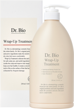 Dr. Bio Wrap-Up Treatment, beżowa odżywka do włosów w butelce z pompką, widok z przodu obok pudełka. Do skóry głowy.