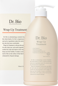 Odżywka do włosów Dr. Bio Wrap-Up Treatment w dużej, jasnobeżowej butelce 750 ml z białą pompką, widok z przodu obok pudełka.