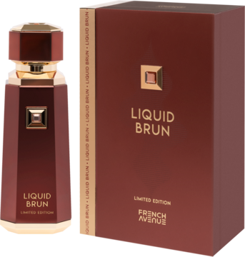 Perfumy Liquid Brun French Avenue w brązowej butelce ze złotymi akcentami, obok dopasowane pudełko produktu.