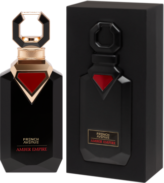 Perfumy French Avenue Amber Empire: czarna, kanciasta butelka ze złotym korkiem i pudełkiem, widok z przodu pod kątem.