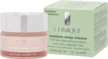 Różowy słoiczek Clinique Moisture Surge Intense 72H i zielone opakowanie, intensywnie nawilżający krem-żel.