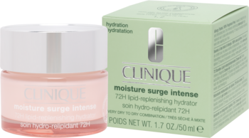 Clinique Moisture Surge Intense 72H hydrator w różowym słoiczku i zielonym kartoniku, widok pod kątem.