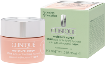 Krem nawilżający Clinique Moisture Surge 100H w różowym słoiczku i zielone opakowanie, widok na zestaw z przodu.