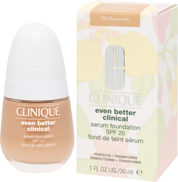 Clinique Even Better Clinical Serum Foundation SPF 20 w beżowej butelce z pompką, obok pasujące pudełko z wzorem.