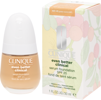 Beżowy podkład CLINIQUE Even Better Clinical Serum Foundation SPF 20 w butelce i żółto-różowe pudełko, widok z przodu.