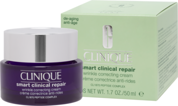Clinique Smart Clinical Repair, fioletowy krem przeciwzmarszczkowy 50ml, obok zielone pudełko, widok z przodu.