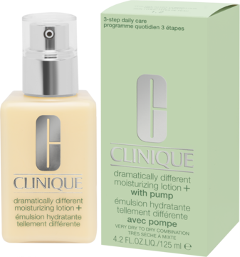 Clinique Dramatically Different Moisturizing Lotion+ w żółtej butelce z srebrną pompką, obok jasnozielone pudełko.