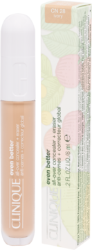 Beżowy korektor Clinique Even Better CN 28 Ivory w tubce, obok zdobionego pudełka 6ml. Widok produktu z przodu.