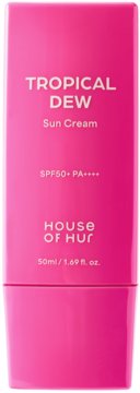 Różowa tubka HOUSE OF HUR TROPICAL DEW Sun Cream SPF50+, z białym tekstem, widok z przodu, 50ml.