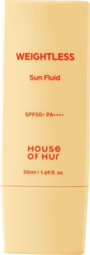 House of Hur Weightless Sun Fluid SPF 50+ PA++++, jasnobeżowa tubka z czerwonym napisem, widok z przodu.