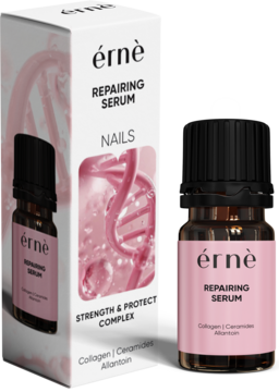 érnè Repairing Serum NAILS: mała brązowa butelka z różową etykietą i białym pudełkiem, widok z przodu.