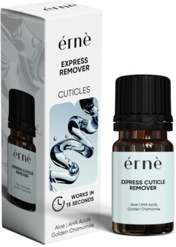 Erné Express Cuticle Remover: ciemnobursztynowa butelka i białe pudełko z grafiką wirującego płynu, Aloe i AHA.