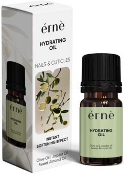 Érnè Hydrating Oil do paznokci i skórek, ciemna butelka z zieloną etykietą i kroplomierzem obok pudełka z oliwką.