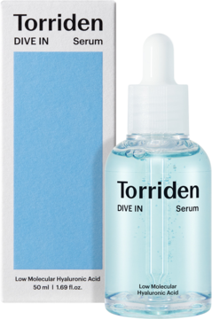 Torriden DIVE IN Serum z niskocząsteczkowym kwasem hialuronowym w butelce z pipetą, obok białe pudełko, widok przodem.