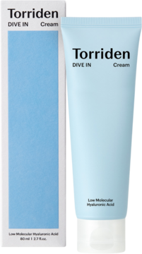 Torriden DIVE IN Cream 80ml z niskocząsteczkowym kwasem hialuronowym, jasnoniebieska tubka i pudełko, widok przód.