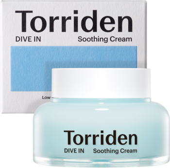 Torriden DIVE IN Soothing Cream, kojąco-nawilżający krem do twarzy w jasnoniebieskim słoiku z pudełkiem.