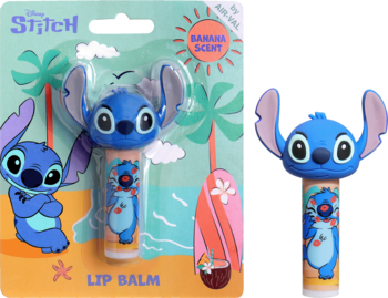 Balsam do ust Stitch z bananowym zapachem i główką 3D, w wakacyjnym opakowaniu z palmami, widok przód.