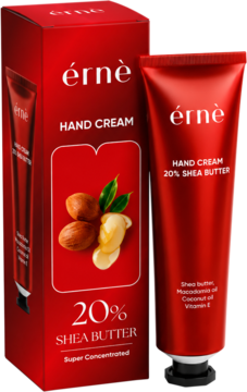 Czerwony krem do rąk Erne z 20% masłem shea w tubce i pasującym pudełku, widok z przodu pod kątem.