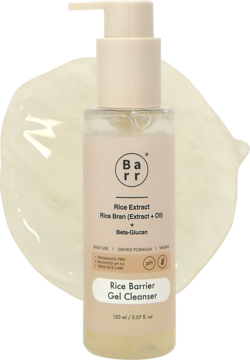 Barr Rice Barrier Gel Cleanser 150ml, przezroczysta butelka z beżową pompką i ryżem, na tle delikatnego żelu.