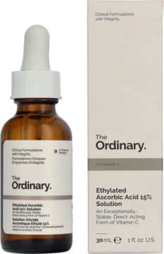 The Ordinary Ethylated Ascorbic Acid 15% Solution: amber dropper bottle with white cap next to beige box, angled.