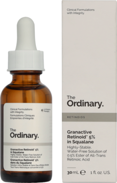 Brązowa butelka The Ordinary Granactive Retinoid 5% z pipetą i beżowe pudełko widoczne z przodu.