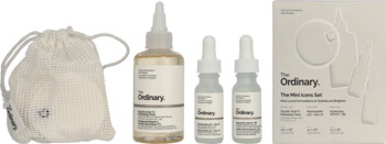 Zestaw The Ordinary: butelka kwasu salicylowego, 2 serum, białe waciki, beżowe pudełko.