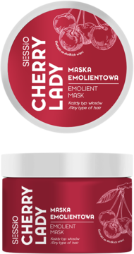 Dwa ujęcia maski emolientowej Sessio Cherry Lady: okrągłe wieczko i prostokątny front opakowania z grafiką wiśni.