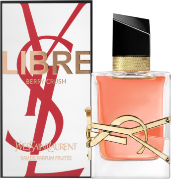 YSL Libre Berry Crush Woda perfumowana damska, pomarańczowa butelka i białe pudełko, widok z przodu.