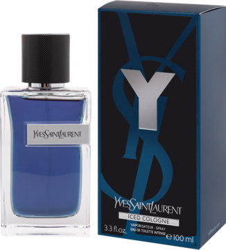 Niebieski flakon YSL Y Iced Cologne EDT 100ml i ciemne pudełko z dużym srebrnym logo Y, widok z przodu.