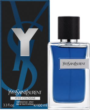 Yves Saint Laurent Y Iced Cologne, niebieska butelka z czarną nakrętką i czarne pudełko z logo 'Y', widok z przodu.