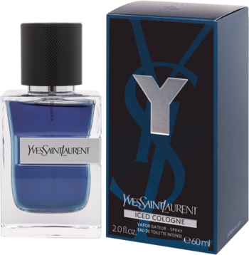 Yves Saint Laurent Y Iced Cologne 60ml, butelka z niebieskim płynem obok granatowego pudełka z 'Y'.