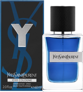 Męska woda YSL Y Iced Cologne Intense. Niebieska butelka z czarnym korkiem i pudełko ze srebrnym 'Y'.