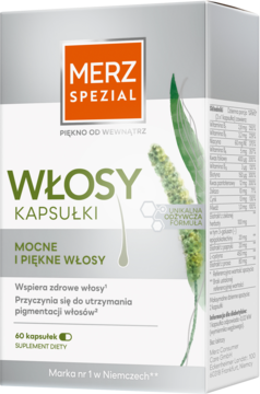Biało-szare opakowanie Merz Spezial Włosy Kapsułki, suplement na mocne i piękne włosy, 60 sztuk, widok z przodu.