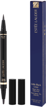 Estée Lauder Little Black Liner, dwustronny eyeliner w czarnym pisaku, z nakrętkami i granatowym pudełkiem.
