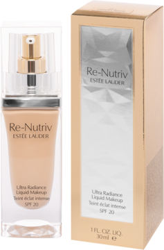 Frontowy widok beżowego podkładu Estée Lauder Re-Nutriv Ultra Radiance SPF 20 w butelce z pompką i pudełku.