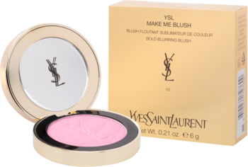 Złoty kompakt YSL z jasnoróżowym różem prasowanym i lustrem, obok beżowe opakowanie Make Me Blush.