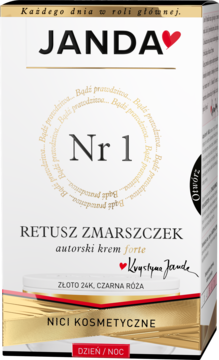 Janda Retusz Zmarszczek, krem przeciwzmarszczkowy w biało-złotym pudełku z napisem "Nr 1", widok z przodu.