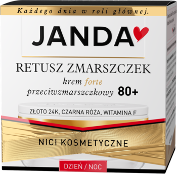 Opakowanie kremu JANDA RETUSZ ZMARSZCZEK 80+ forte na dzień/noc, biało-złote z napisem NICI KOSMETYCZNE.