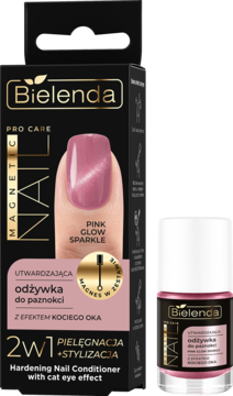 Bielenda Magnetic Nail odżywka, różowa, z efektem kociego oka. Karton z przodu i butelka z boku.