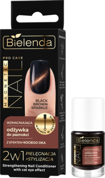 Bielenda Strengthening Nail Conditioner Cat Eye Effect Black Brown Sparkle, widok opakowania i butelki.