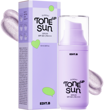 EDIT.B Sunday Tone-Up Sun Serum SPF 50, fioletowa butelka z pompką i pasujące opakowanie, widok z przodu.
