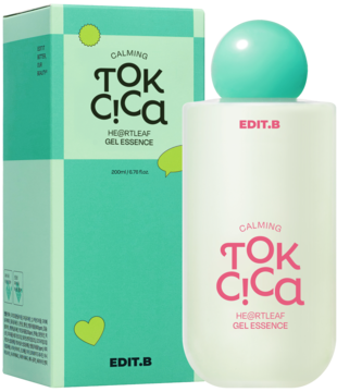 EDIT.B Calming Tok Cica Heartleaf Gel Essence, butelka z miętową zakrętką i zielono-białe opakowanie, z przodu.