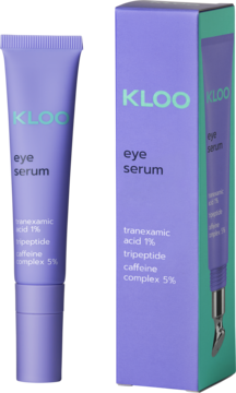 Fioletowe serum KLOO pod oczy w tubce z aplikatorem i pudełku. Kwas traneksamowy 1%, kofeina.