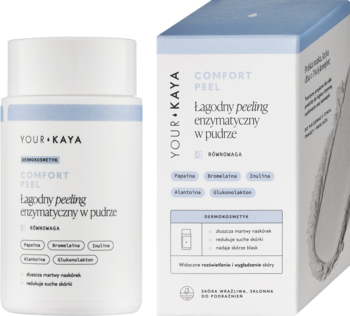 YOUR KAYA Comfort Peel, łagodny peeling enzymatyczny w pudrze, butelka i pudełko, widok z przodu.