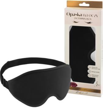 Zaciemniająca opaska 3D Ewa Schmitt, czarna, ergonomicznie wyprofilowana, z opakowaniem obok, na białym tle.