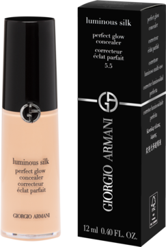 Jasnobeżowy korektor Giorgio Armani Luminous Silk w butelce z czarną nakrętką i czarny kartonik obok, z przodu.